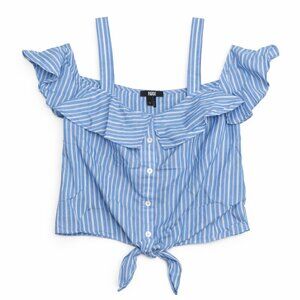 PAIGE Blue & White Stripe Ruffle Tie-Front Crop Top | Size S